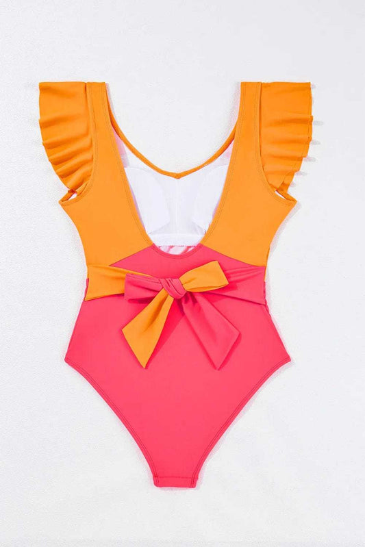 One Piece Swimsuit Vitality Backless One-Piece Swimsuit - Orange Color Block Ruffled