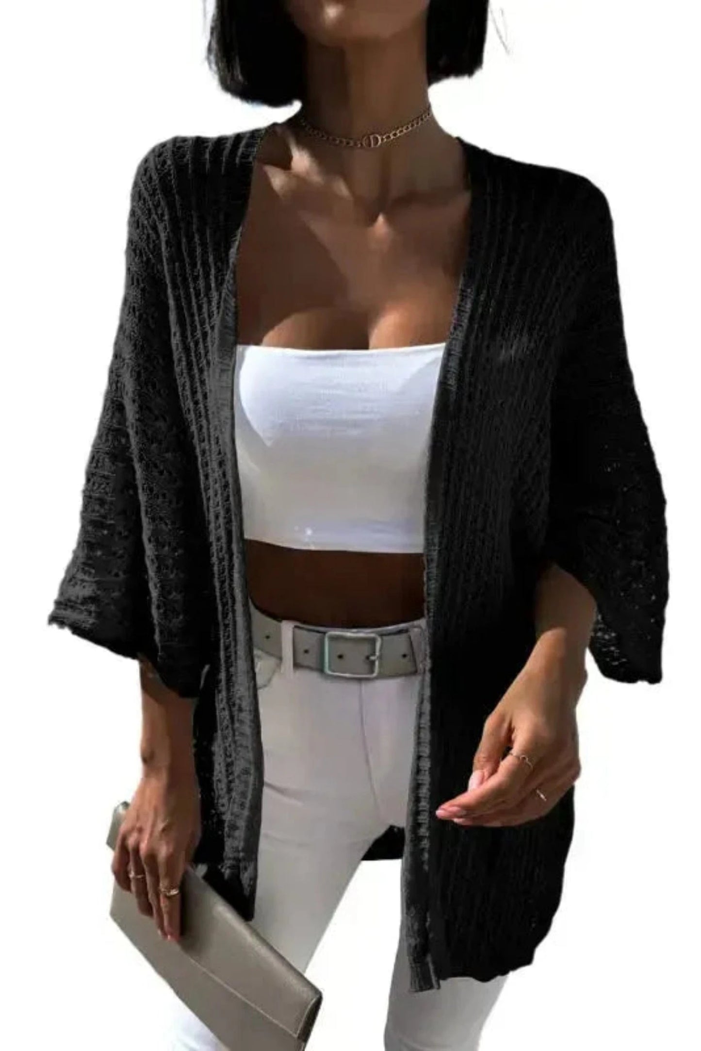 Outerwear Black / ONE SIZE / 100%Viscose Hollowed Knit Kimono Sleeve Cardigan