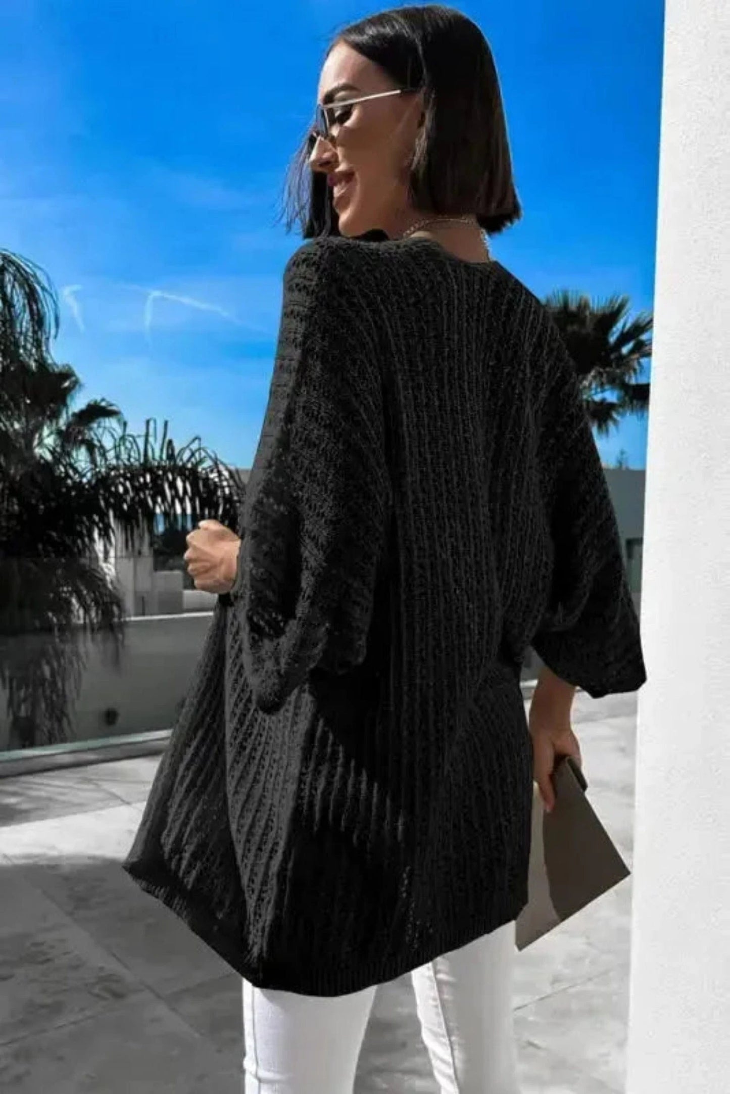 Outerwear Black / ONE SIZE / 100%Viscose Hollowed Knit Kimono Sleeve Cardigan