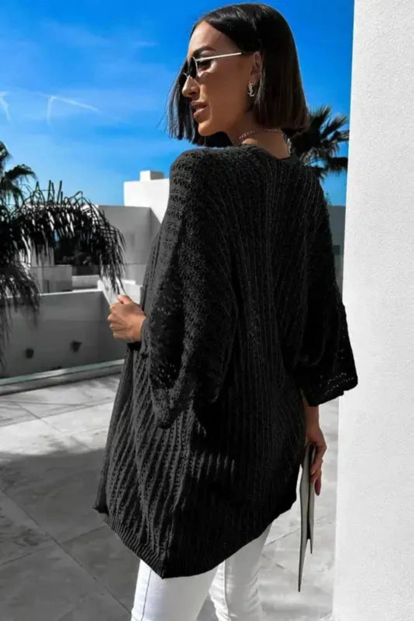 Outerwear Black / ONE SIZE / 100%Viscose Hollowed Knit Kimono Sleeve Cardigan