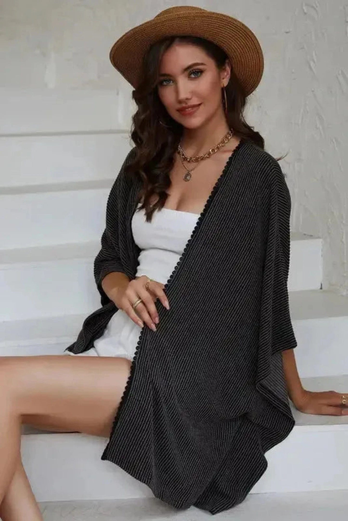Outerwear Black / ONE SIZE / 65%Polyester+30%Viscose+5%Elastane Ribbed Knit Lace Trim Summer Kimono