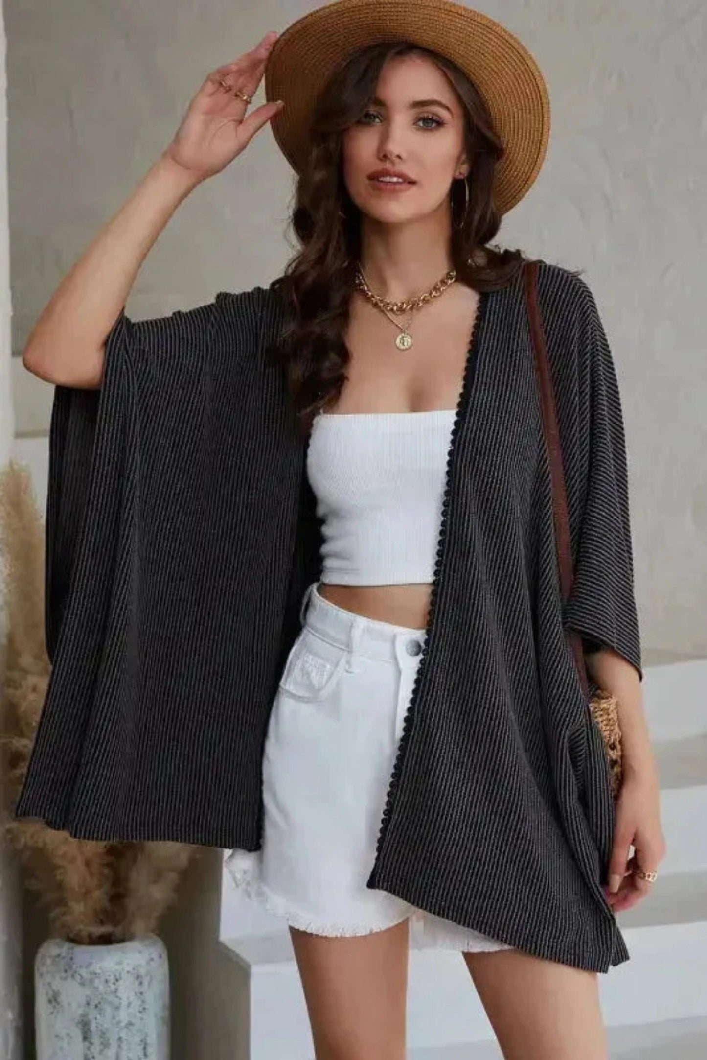Outerwear Black / ONE SIZE / 65%Polyester+30%Viscose+5%Elastane Ribbed Knit Lace Trim Summer Kimono
