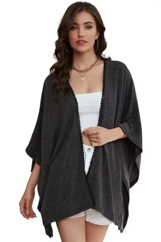 Outerwear Black / ONE SIZE / 65%Polyester+30%Viscose+5%Elastane Ribbed Knit Lace Trim Summer Kimono