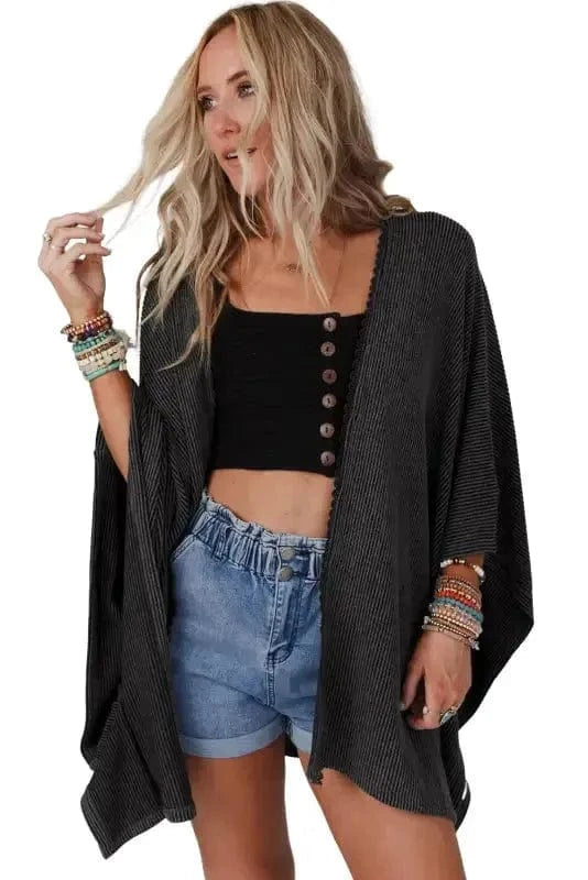 Outerwear Black / ONE SIZE / 65%Polyester+30%Viscose+5%Elastane Ribbed Knit Lace Trim Summer Kimono