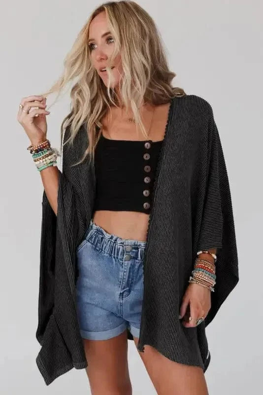 Outerwear Black / ONE SIZE / 65%Polyester+30%Viscose+5%Elastane Ribbed Knit Lace Trim Summer Kimono
