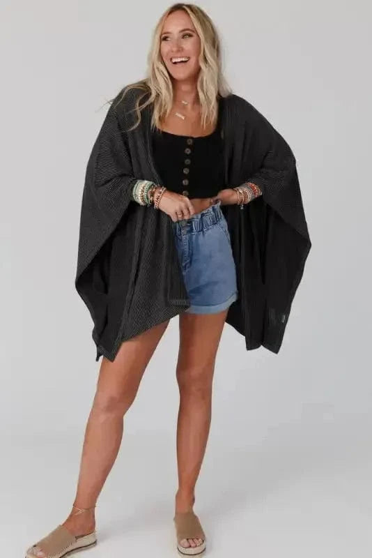 Outerwear Black / ONE SIZE / 65%Polyester+30%Viscose+5%Elastane Ribbed Knit Lace Trim Summer Kimono