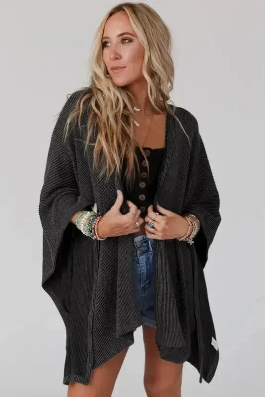Outerwear Black / ONE SIZE / 65%Polyester+30%Viscose+5%Elastane Ribbed Knit Lace Trim Summer Kimono