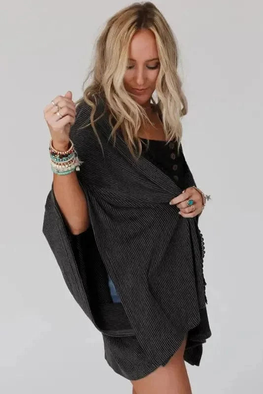 Outerwear Black / ONE SIZE / 65%Polyester+30%Viscose+5%Elastane Ribbed Knit Lace Trim Summer Kimono
