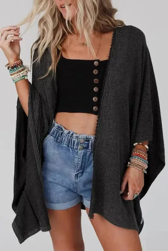 Outerwear Black / ONE SIZE / 65%Polyester+30%Viscose+5%Elastane Ribbed Knit Lace Trim Summer Kimono