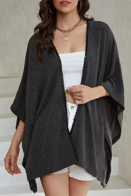 Outerwear Black / ONE SIZE / 65%Polyester+30%Viscose+5%Elastane Ribbed Knit Lace Trim Summer Kimono