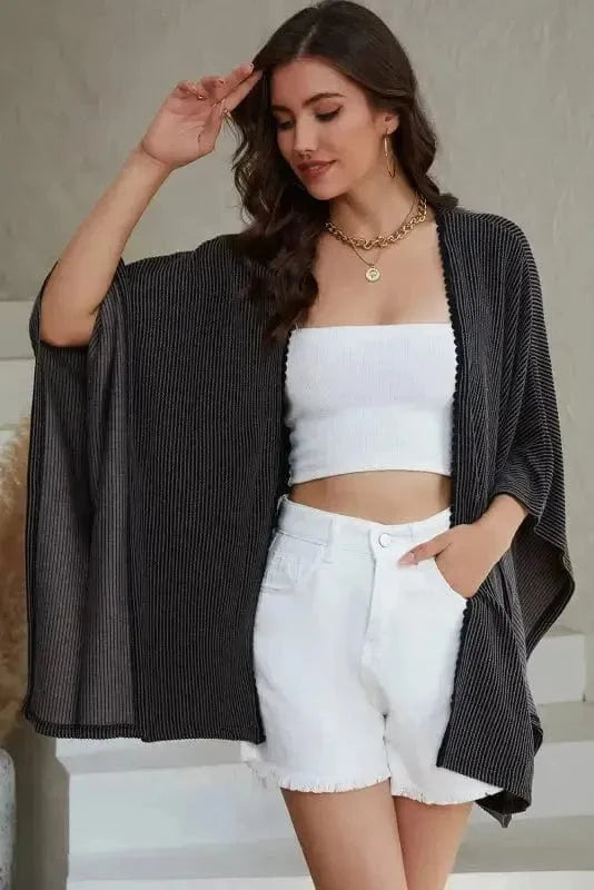 Outerwear Black / ONE SIZE / 65%Polyester+30%Viscose+5%Elastane Ribbed Knit Lace Trim Summer Kimono