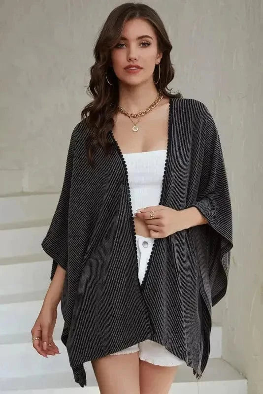 Outerwear Black / ONE SIZE / 65%Polyester+30%Viscose+5%Elastane Ribbed Knit Lace Trim Summer Kimono