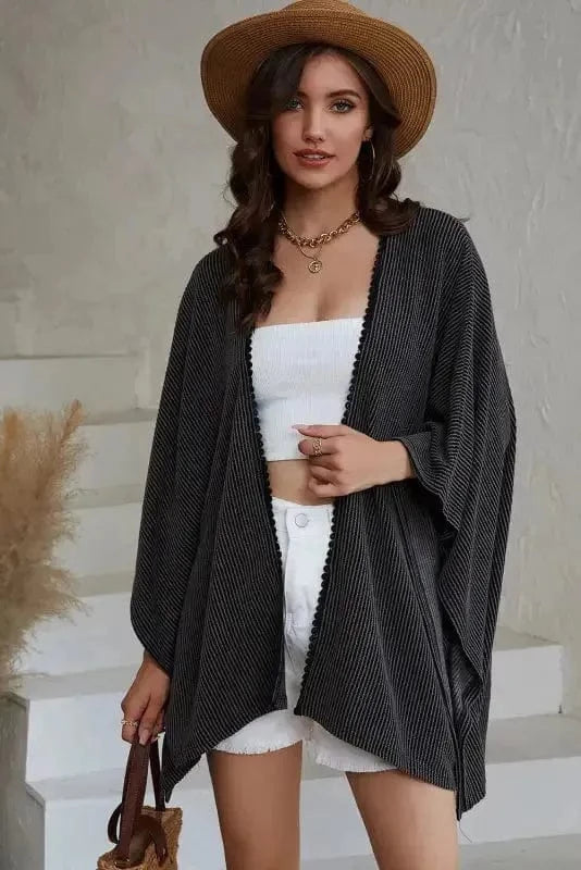 Outerwear Black / ONE SIZE / 65%Polyester+30%Viscose+5%Elastane Ribbed Knit Lace Trim Summer Kimono