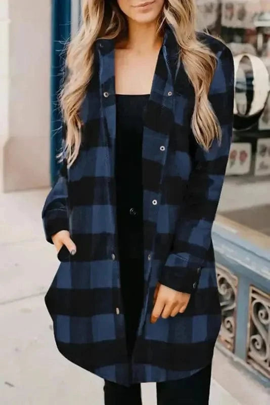 Outerwear Blue / S / 95%Polyester+5%Elastane Blue Turn-down Collar Plaid Shirt Jacket