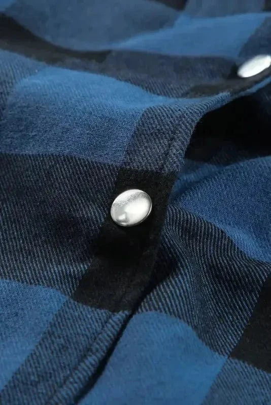 Outerwear Blue Turn-down Collar Plaid Shirt Jacket