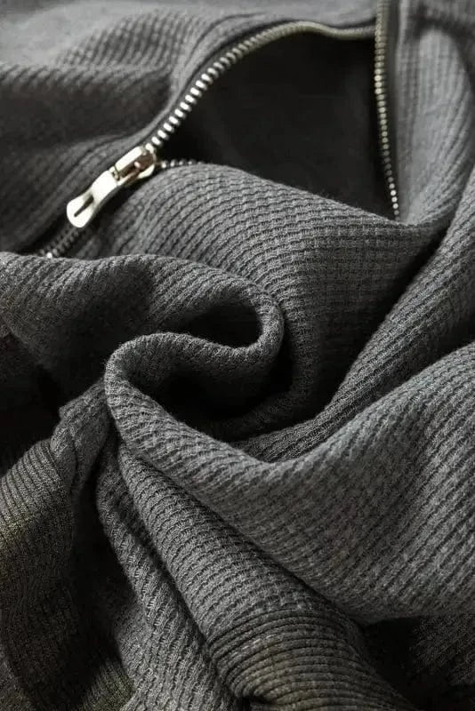 Outerwear Khaki Thermal Waffle Knit Full Zipper Hooded Jacket