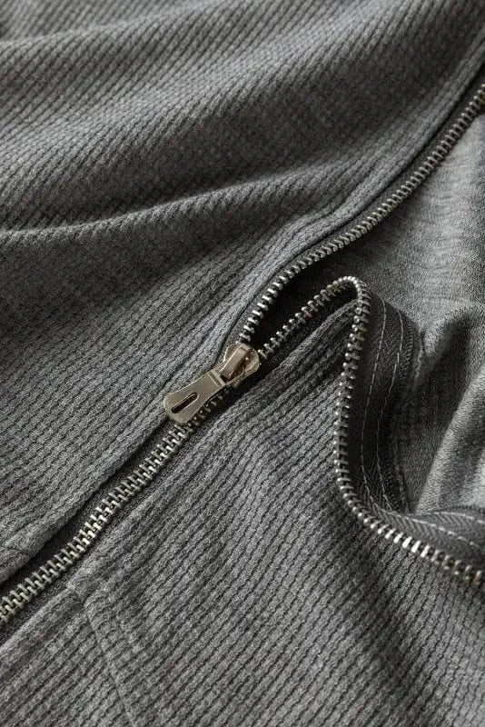 Outerwear Khaki Thermal Waffle Knit Full Zipper Hooded Jacket