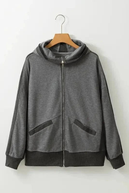 Outerwear Khaki Thermal Waffle Knit Full Zipper Hooded Jacket