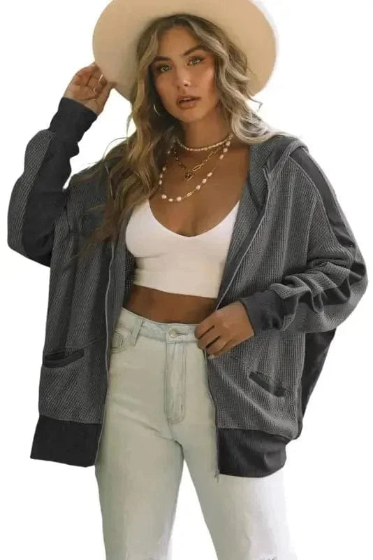 Outerwear Khaki Thermal Waffle Knit Full Zipper Hooded Jacket