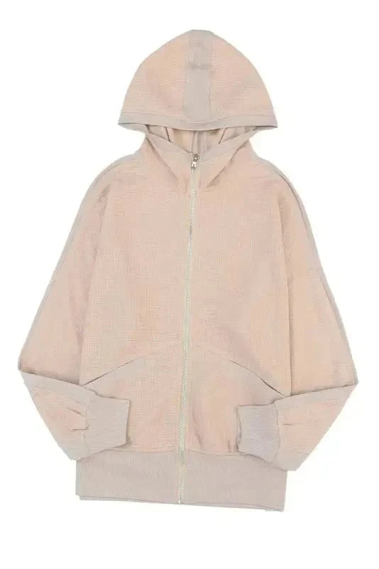 Outerwear Khaki Thermal Waffle Knit Full Zipper Hooded Jacket