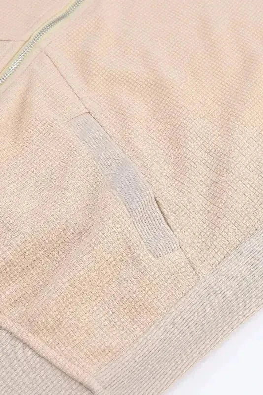 Outerwear Khaki Thermal Waffle Knit Full Zipper Hooded Jacket