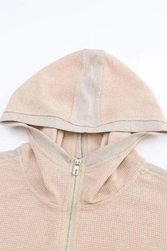 Outerwear Khaki Thermal Waffle Knit Full Zipper Hooded Jacket