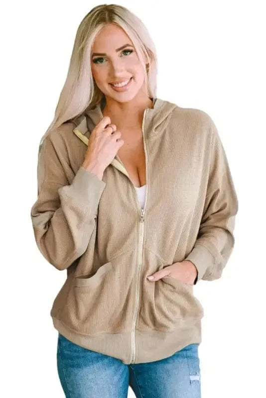 Outerwear Khaki Thermal Waffle Knit Full Zipper Hooded Jacket