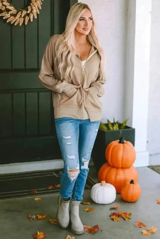 Outerwear Khaki Thermal Waffle Knit Full Zipper Hooded Jacket