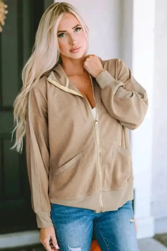 Outerwear Khaki Thermal Waffle Knit Full Zipper Hooded Jacket