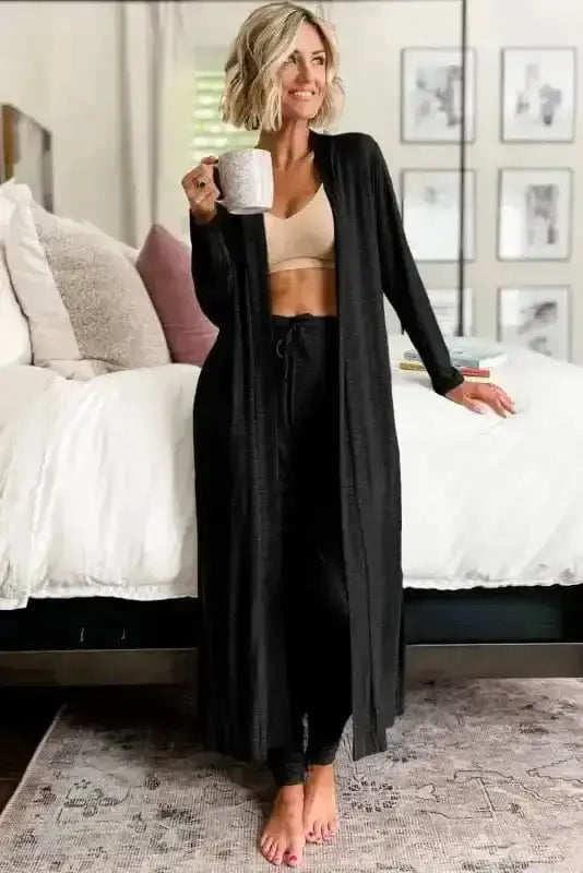 Black duster cardigan skinny pants lounge set back view — Fashionfitz UK