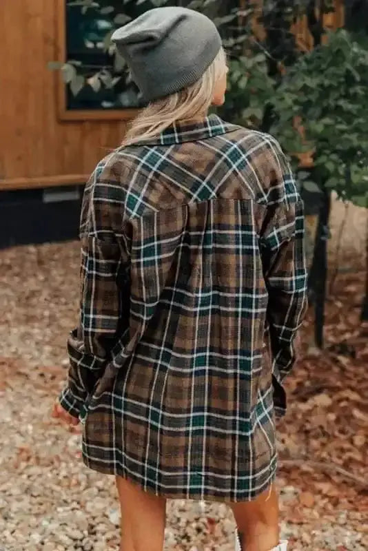 Brown highland plaid oversized shacket back view — Fashionfitz UK