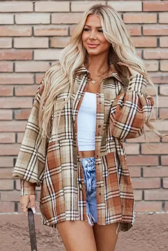 Plaid Shackets Khaki / S / 100%Polyester Plaid Pizzazz High Low Shacket