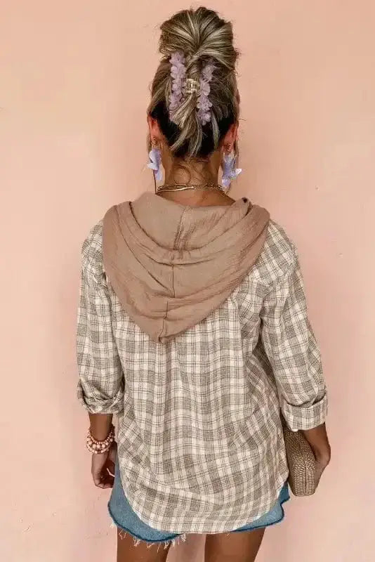Plaid hooded shacket back view — Fashionfitz UK