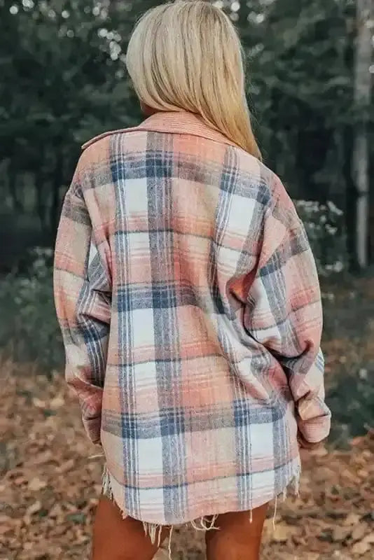 Light pink patchwork plaid shacket back view — Fashionfitz UK