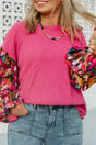 Floral Mosaic Rib Knit Plus Size Blouse Women UK in bright pink — front view showing floral mosaic pattern and flounce sleeves — Fashionfitz