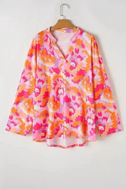 Plus Size Blouses Pink / 1X / 95%Polyester+5%Elastane Blossom Curve V-Neck Blouse