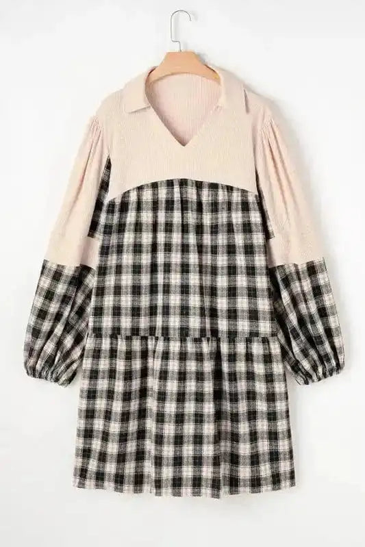 Plus Size Dresses Black / 1X / 100%Polyester Cozy Plaid Patchwork V-Neck Mini