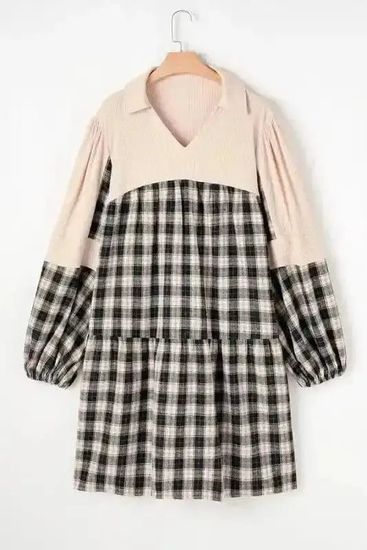 Plus Size Dresses Black / 1X / 100%Polyester Cozy Plaid Patchwork V-Neck Mini