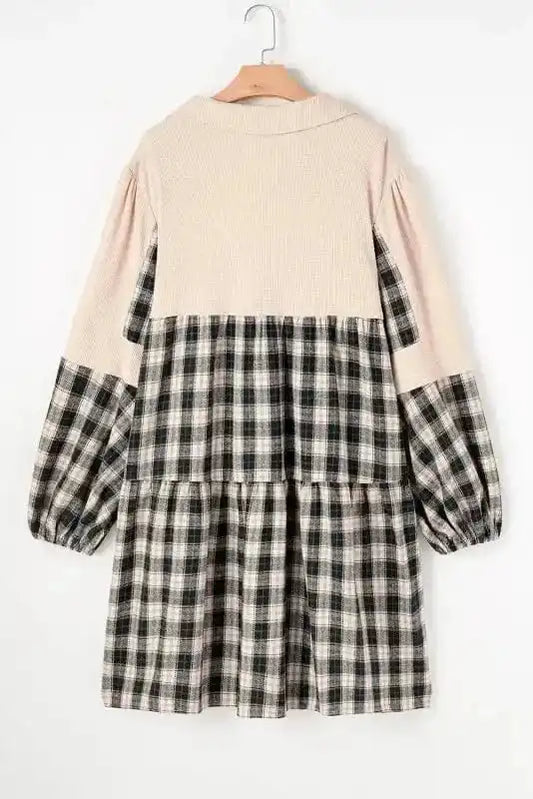 Plus Size Dresses Cozy Plaid Patchwork V-Neck Mini