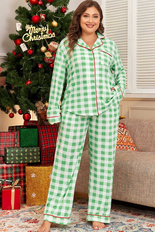 Plus Size Loungewear Green / 1X / 95%Polyester+5%Elastane Evergreen Plaid Curve Pajama Set