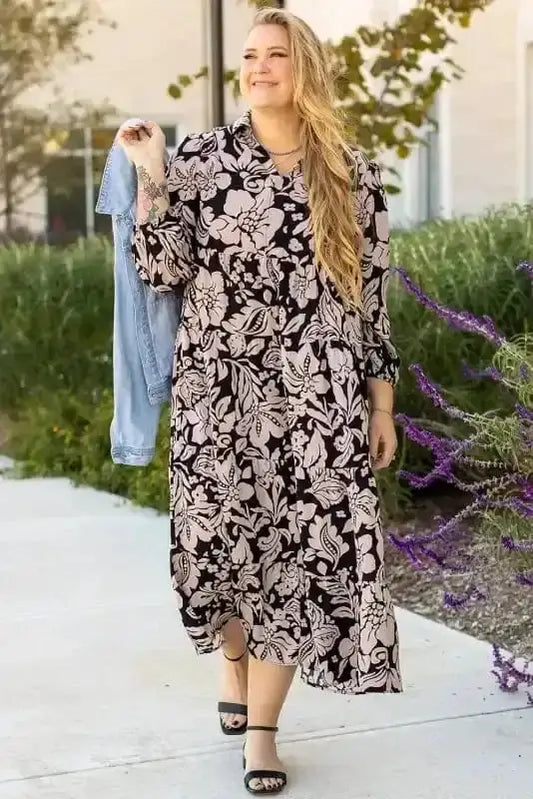 Plus Size Maxi Dresses Black / 1X / 100%Polyester Floral Grace Collared Maxi Dress