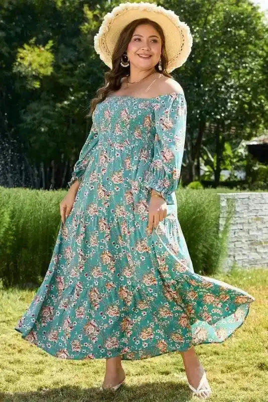 Plus Size Maxi Dresses Green / 1X / 100%Polyester Verdant Blossom Smocked Maxi Dress