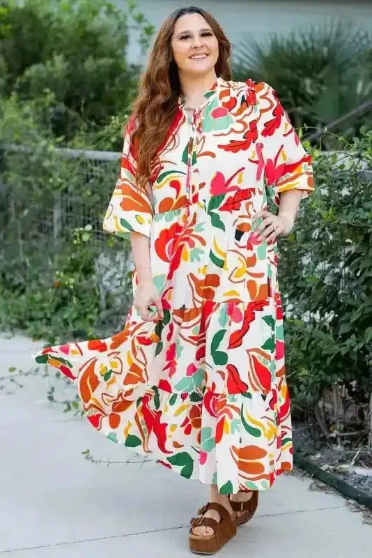 Plus Size Maxi Dresses Orange / 1X / 100%Polyester Orange Floral Plus Size Dress