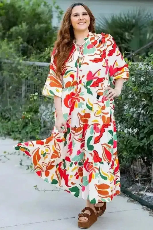 Plus Size Maxi Dresses Orange / 1X / 100%Polyester Orange Floral Plus Size Dress