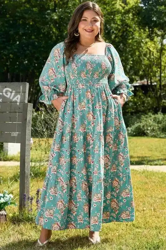 Plus Size Maxi Dresses Verdant Blossom Smocked Maxi Dress