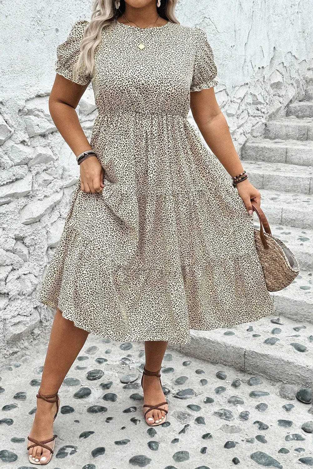 Plus Size Midi Dresses Beige / 1X / 100%Polyester Leopard Luxe Flared Dress - Midi Plus Size