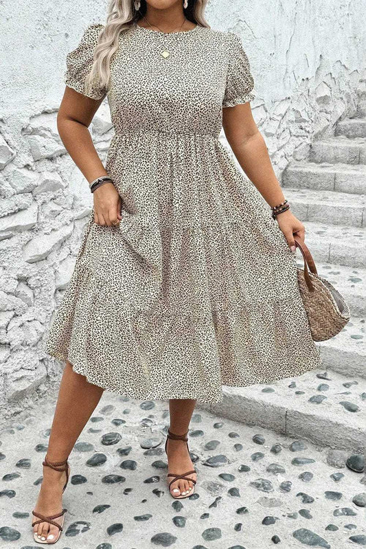 Plus Size Midi Dresses Beige / 1X / 100%Polyester Leopard Luxe Flared Dress - Midi Plus Size