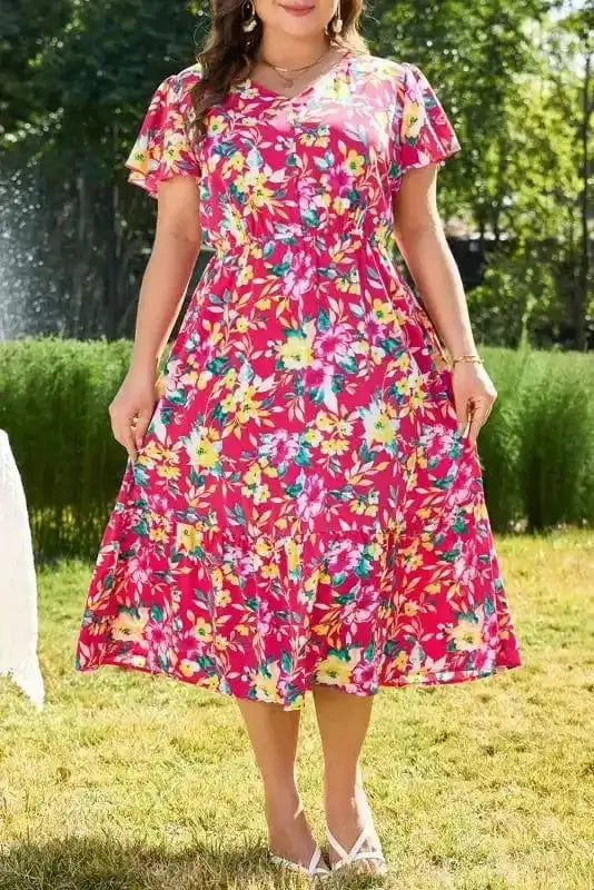 Plus Size Midi Dresses Pink Floral Curvy Midi Dress - Elegant and Comfortable