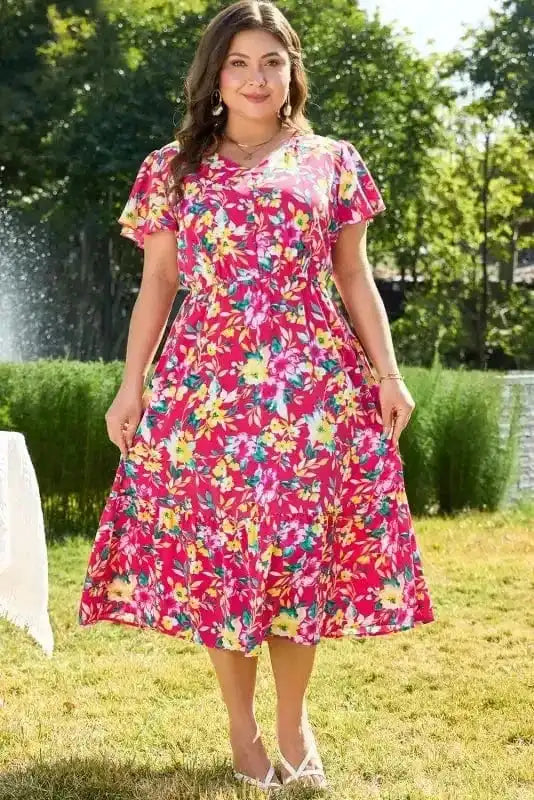 Plus Size Midi Dresses Pink Floral Curvy Midi Dress - Elegant and Comfortable