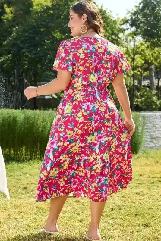Plus Size Midi Dresses Pink Floral Curvy Midi Dress - Elegant and Comfortable